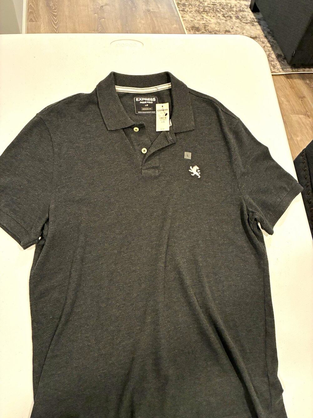 Express Pique Polo Shirt Modern Fit L Gray Solid Short Sleeve Logo Cotton